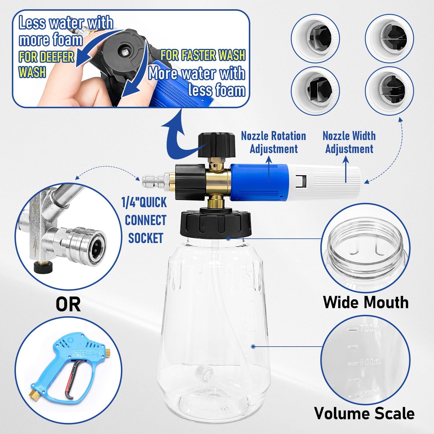 Pressure Washer Foam Cannon with Dual Connector Accessory, Adjustable Foam Blaster Double Tip Attachment Kit, 5 Power Washer Sprayer Nozzles, 1/4" Quick Connect