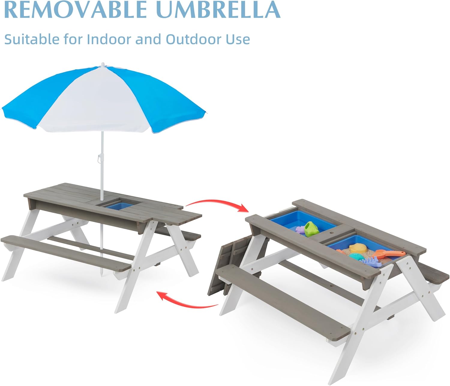 Kids 3 in 1 Convertitable Sand and Water Table with Umbrella, Picnic Table for Outdoor Backyard Patio Play