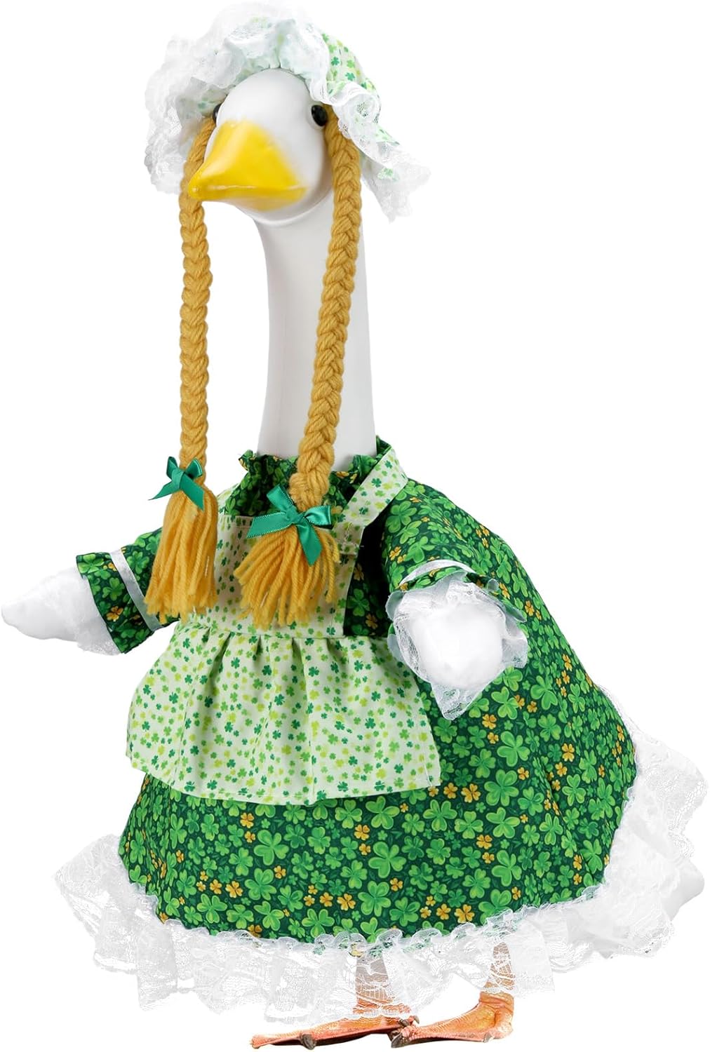 ST Patrick's Day Porch Goose Outfits for 23 Inch Lawn Statue, Irish Women with Braids & Shamrock Costume for Plastic/Cement Statue, Duck Sculpture Clothes for Yard Patio Party Decoration