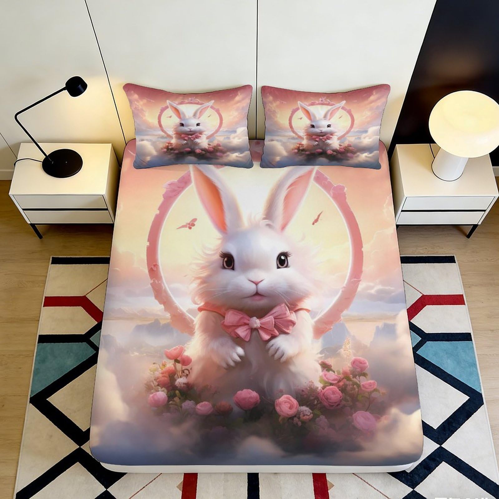 3D Printed Cute Bunny Fitted Sheet Microfiber Non-Slip Deep Pocket Bunny Mattress Fitted Cover Full Wrap for Bedroom 180x200x25cm