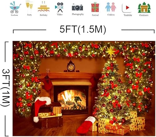Miniatura 10 de Lofaris Telón de fondo de chimenea de Navidad de 9 x 6 pies, diseño vintage, medias de árbol de Navidad, fuego brillante, fotografía, fondo,