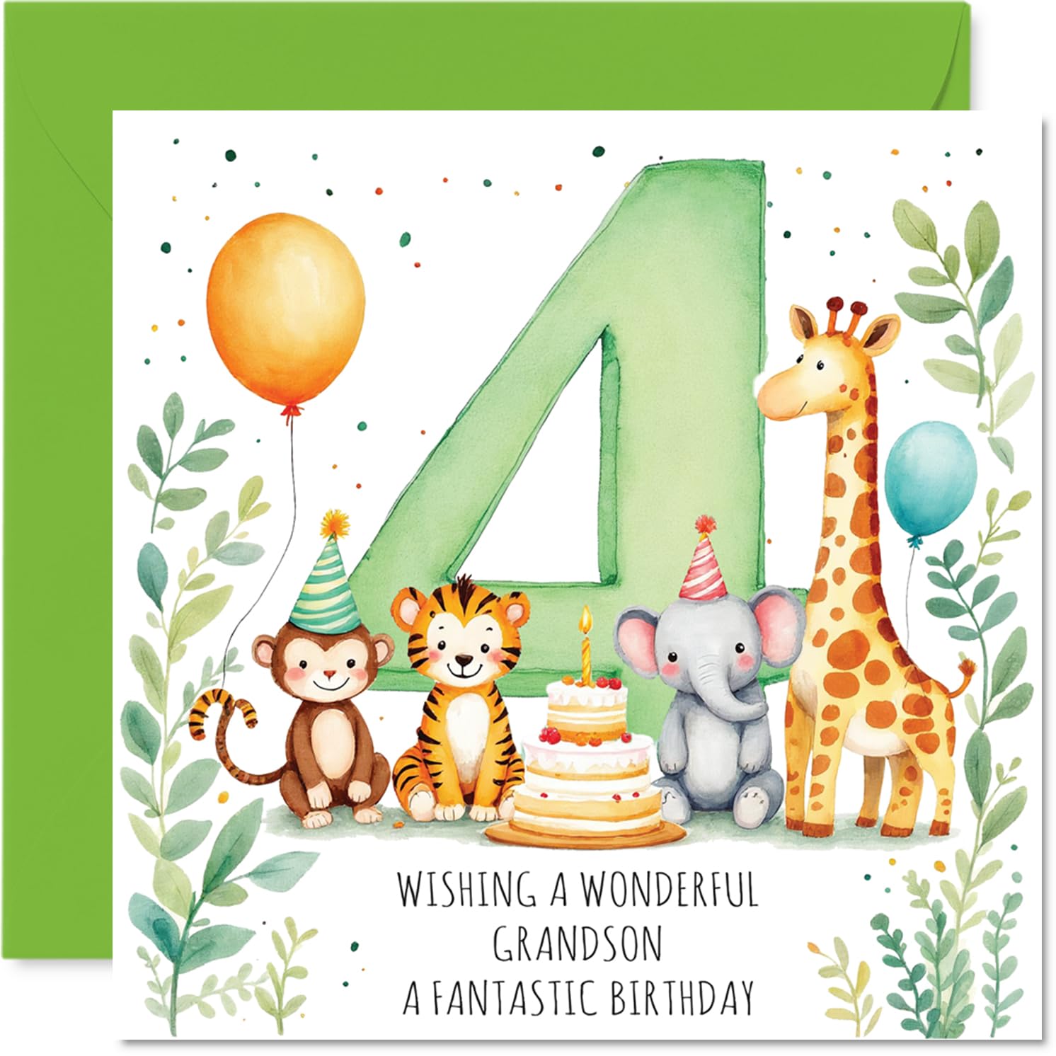 Playful 4th Birthday Card for Grandson - Bursting with Birthday Cheer - Colourful Animals, Cake and Balloons in a Lively Party Scene - 145mm Square, Envelope Included