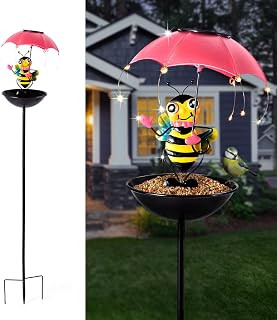 Bird Feeder Solar Garden Decor, Waterproof Bee Metal Wildbird Cardinals Hummingbirds Feeders with LED Lights, Gifts for Mom Grandma Bird Lovers Outdoor Path Yard Decoration
