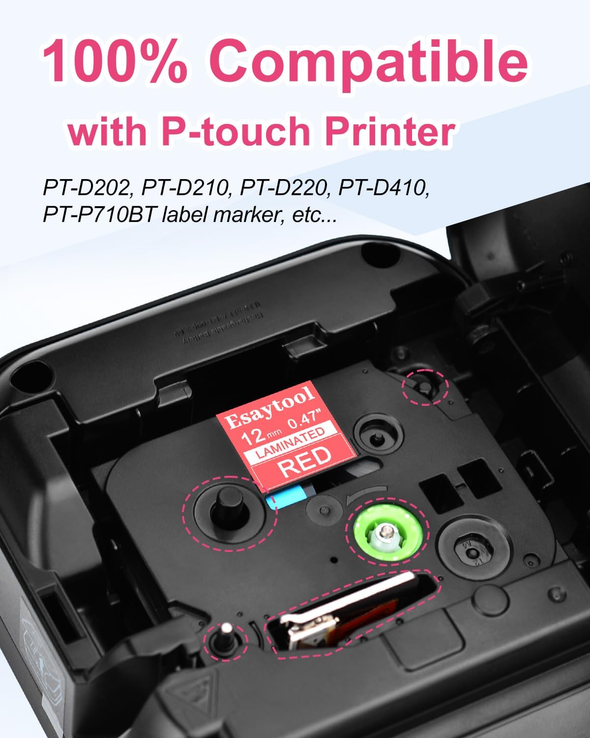 2 Pack Esaytool Replacement for P-Touch TZe-435 TZe435 TZ435 0.47" 12mm 1/2" White on Red Laminated Label Tape Compatible with Ptouch PT-D210 D220 H110 H100 P710BT D220 D410 D600 Label Maker - Image 6