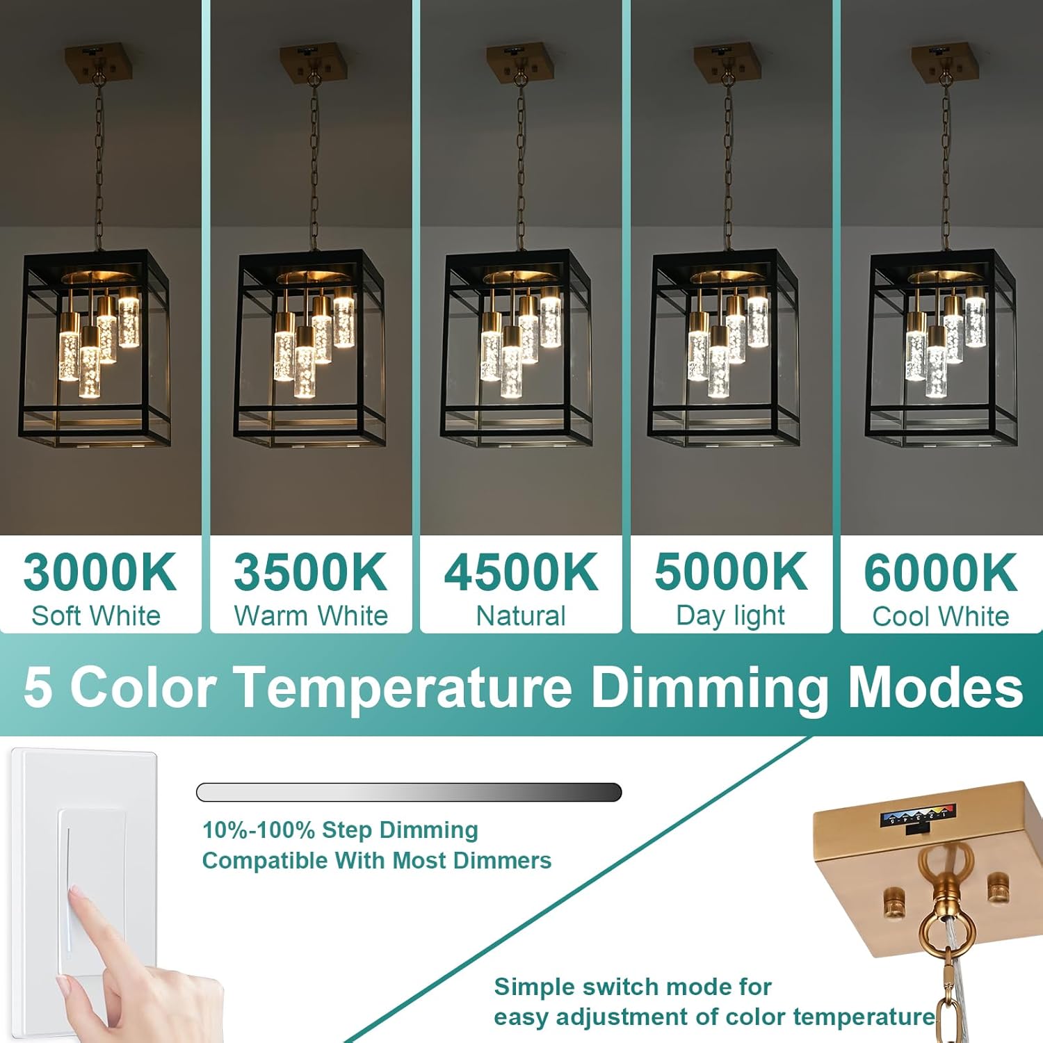 Outdoor LED Pendant Light Fixtures for Porch,4 Lights 5CCT Large Hanging Pendant Lantern,Black Brass LED Integrated Bulbs Modern Outdoor Pendant Lights, Exterior Chandelier for Patio,Foyer