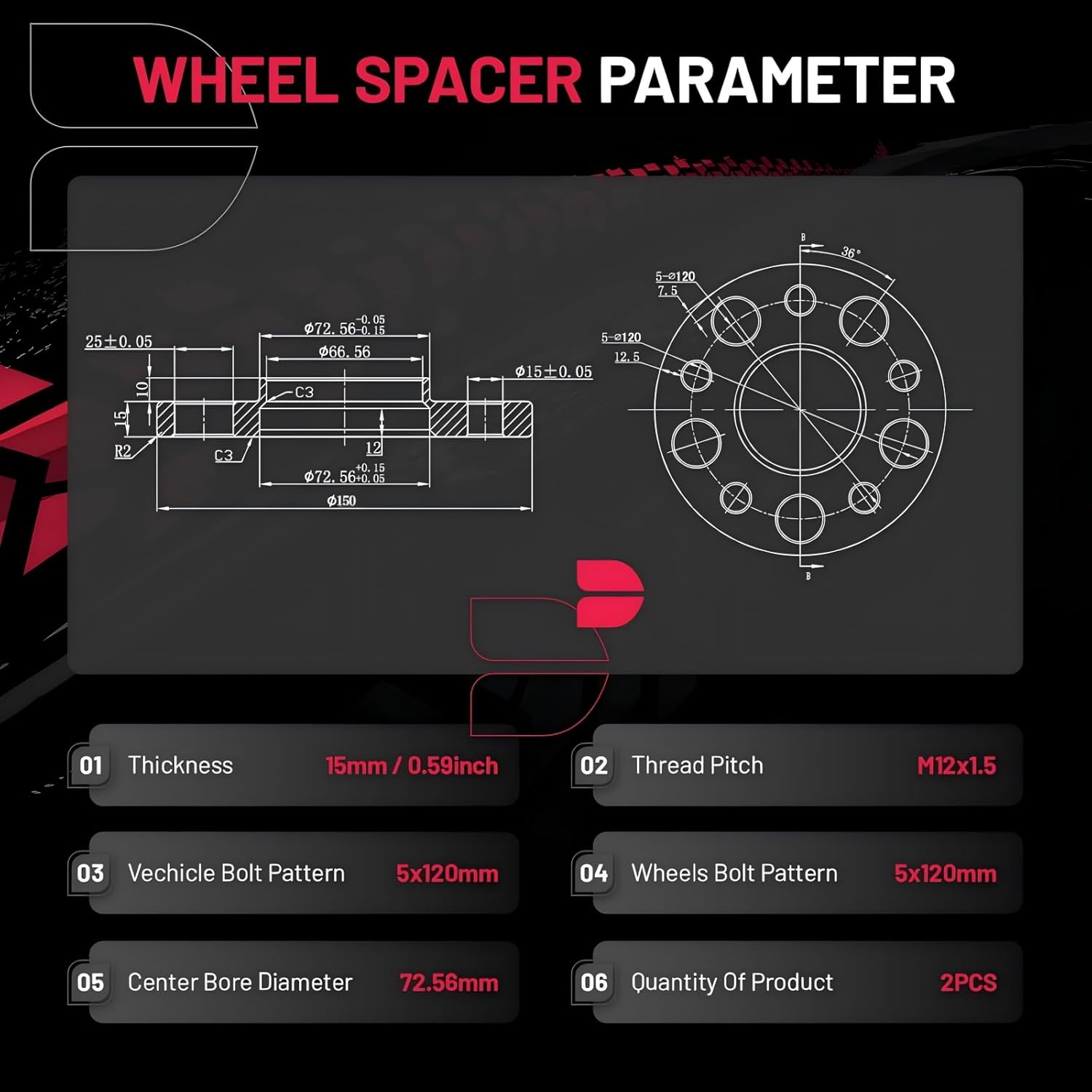 BDFHYK 5x120mm Wheel Spacers 15 mm Hubcentric Wheel Spacer Compatible with 318i 325i 328i 330i 335i 525i 530i 545i 730i 740i M3 M5, Forged 5 Lug Wheel Adapters M12x15 & 72.56 mm Hub Bore, Set of 2