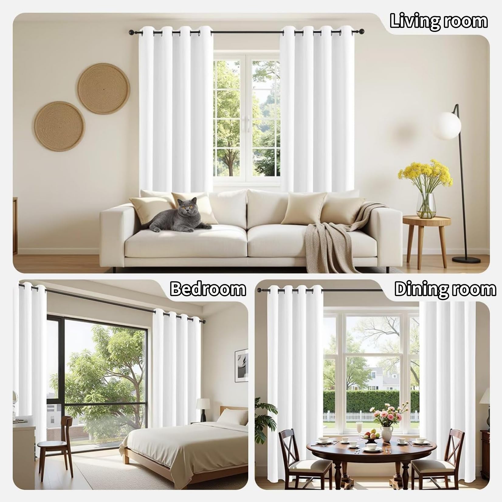 Rideau Occultant 170 x 240 cm Thermique Isolant Rideau Thermique Isolation Lumiere Anti UV, Polyester, avec Oeillets pour Maison Chambre Fenetre, Blanc