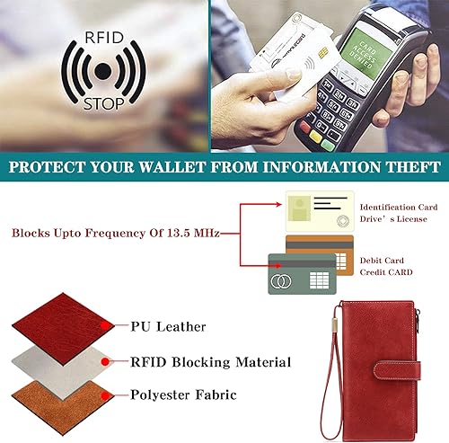 Miniatura 4 de GOIACII Billeteras para mujer de gran capacidad para tarjetas de crédito, cartera RFID para mujer, doble bolsillo con cremallera, de cuero,