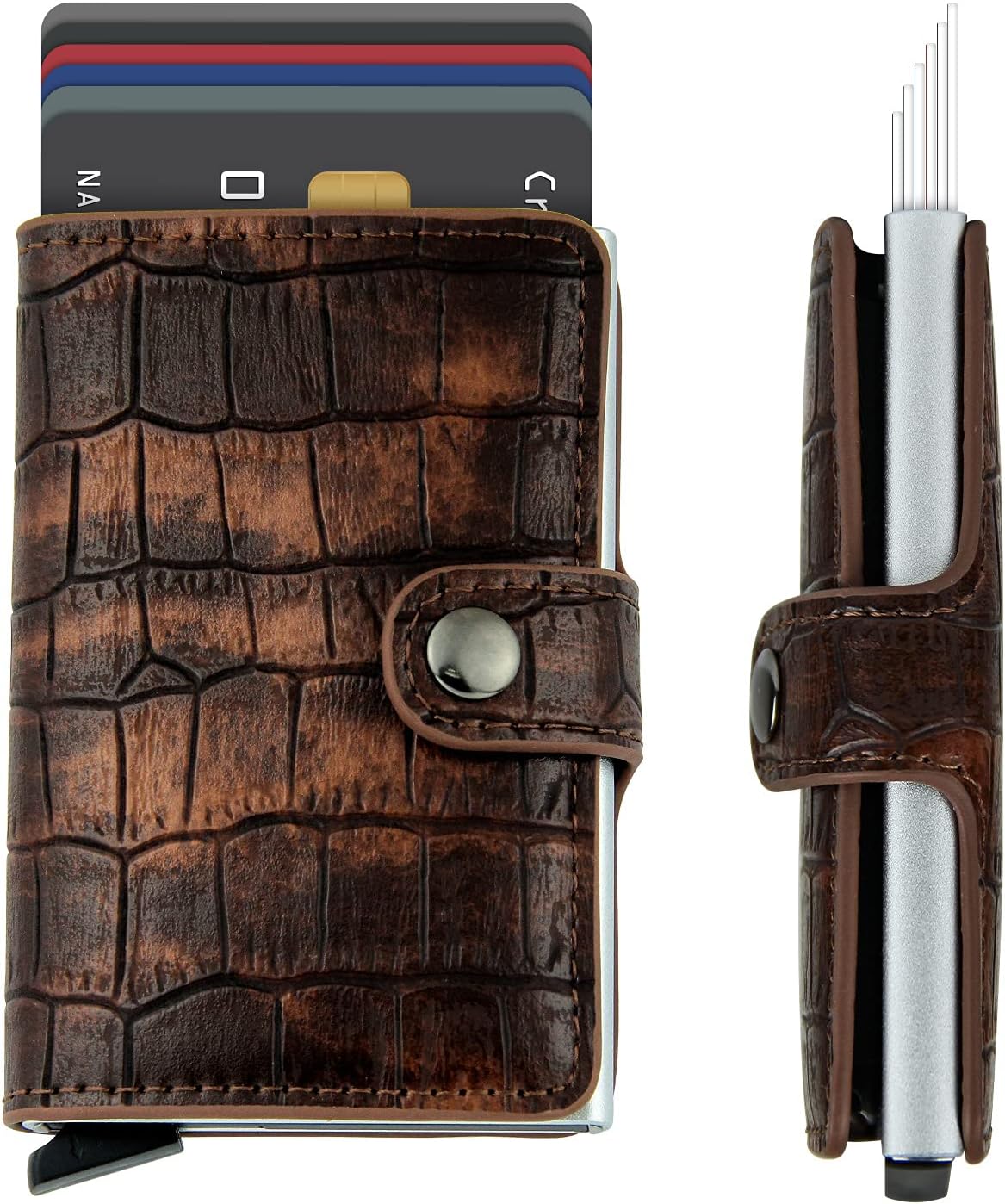 Credit Card Holder RFID Blocking Genuine Leather Vintage Aluminum Business Wallet (B-Coffee)