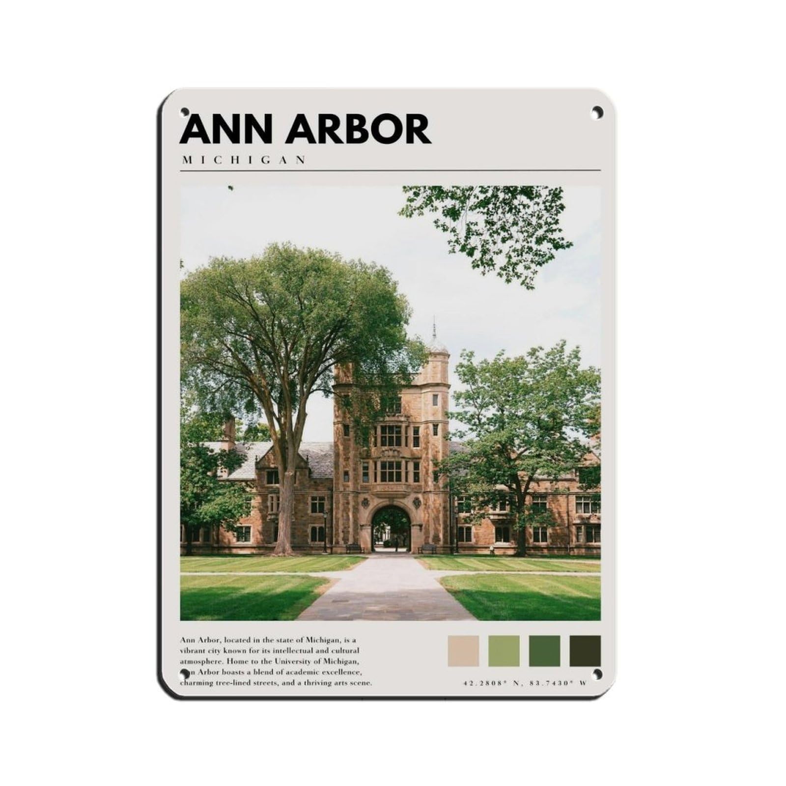 Ann Arbor Michigan Poster Tin Sign Vintage Metal Pub Club Cafe Bar Home Wall Art Decoration Poster Retro 12x16inch(30x40cm)