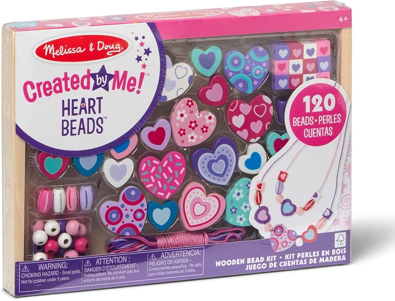 Melissa & Doug Created by Me! Heart Beads Wooden Bead Kit, 120+ Beads and 5 Cords for Jewelry-Making
