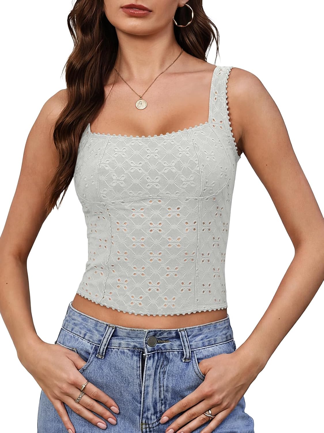 Women's Sexy Square Neck Eyelet Hollow Out Sleeveless Back Cutout Y2K Going Out Double Lined Cropped Tank Tops