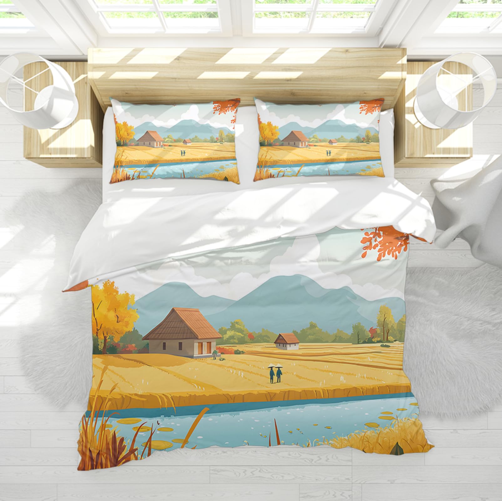 Fun Farm Style Poszwa na kołdrę Zestaw poszewek na kołdrę Żółte koło Pole Kabiny Nadruk Kołdra Przytulny zestaw pościeli 3 szt. z zamkiem błyskawicznym 2 poszewki na poduszki 200x200 cm