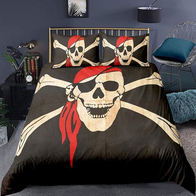 Pirate Bedding Set Single Size Antique Historical Comforter Cover Bones Skull Duvet Cover Set with 1 Pillowcases Soft Microfiber Zipper Decorative Unique Green Vermilion Quilt Cover 2 Pcs Lightweight