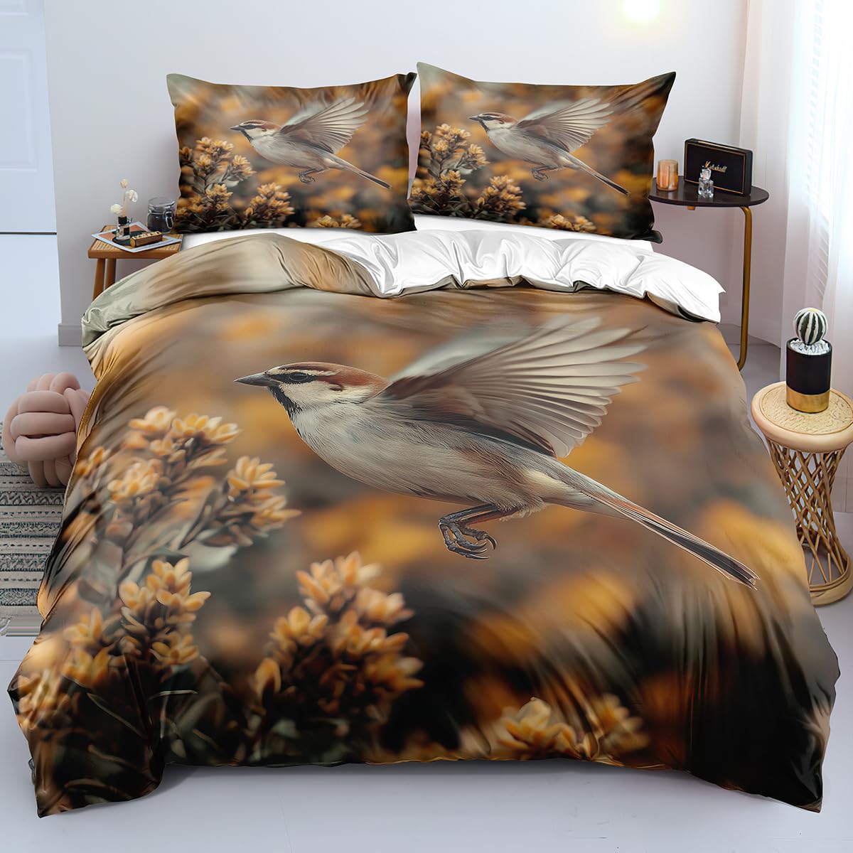 Housse de Couette 240x220 Motif Oiseaux Volants 3D Parure Lit Nature Marron Adulte Enfant
