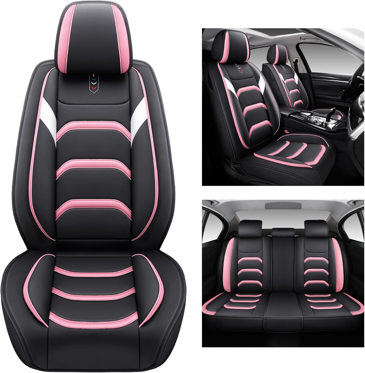 Leather Car Seat Covers,Full Coverage Seat Covers Full Set,Universal Automotive Seat Covers for Cars,SUVs,Trucks and Sedans (Black&Pink, Full Set)