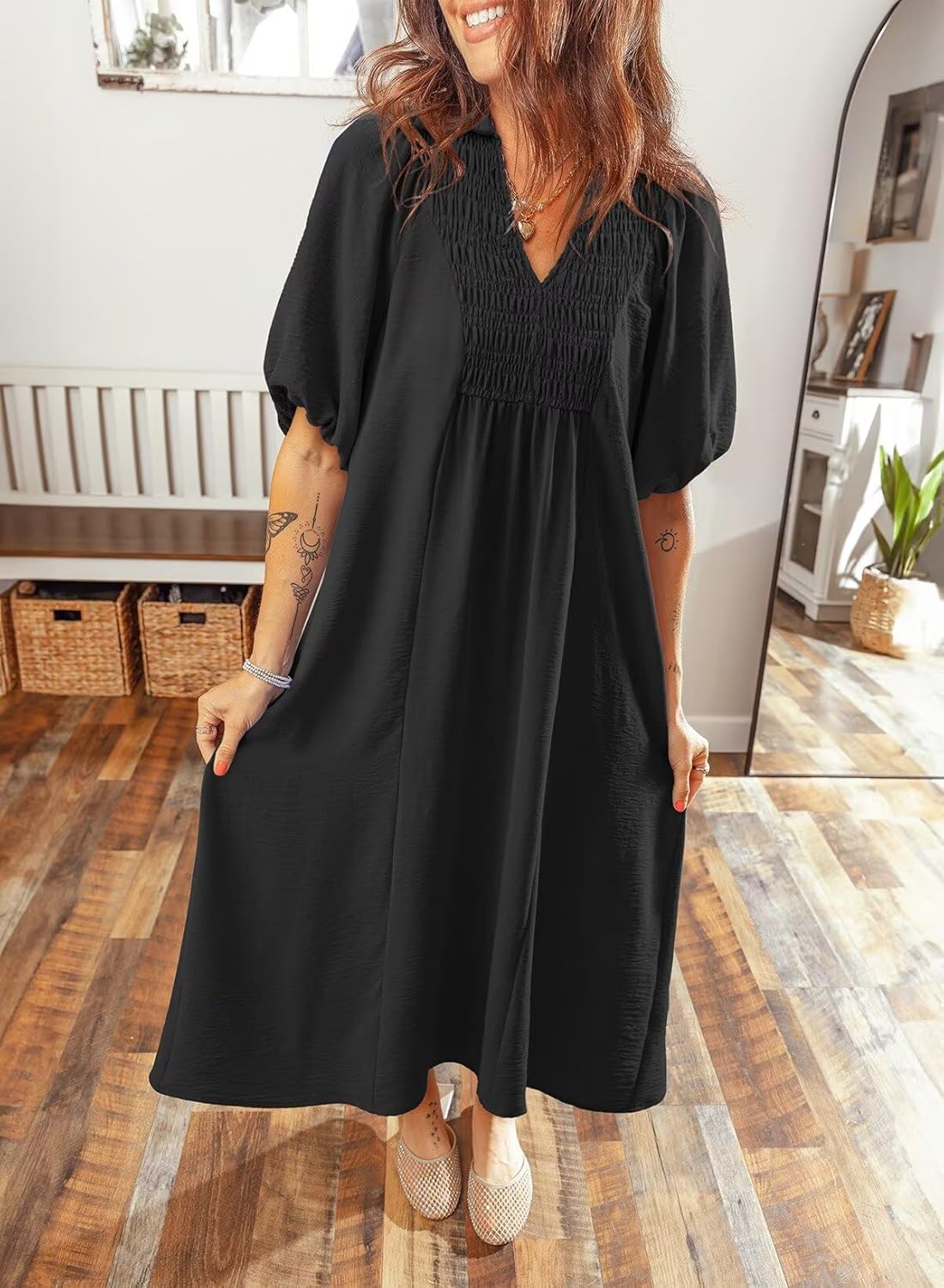 Dokotoo Summer Dresses for Women 2026 Casual Dresses V Neck Puff Sleeve Empire Waist A-Line Maxi Dress - Image 2