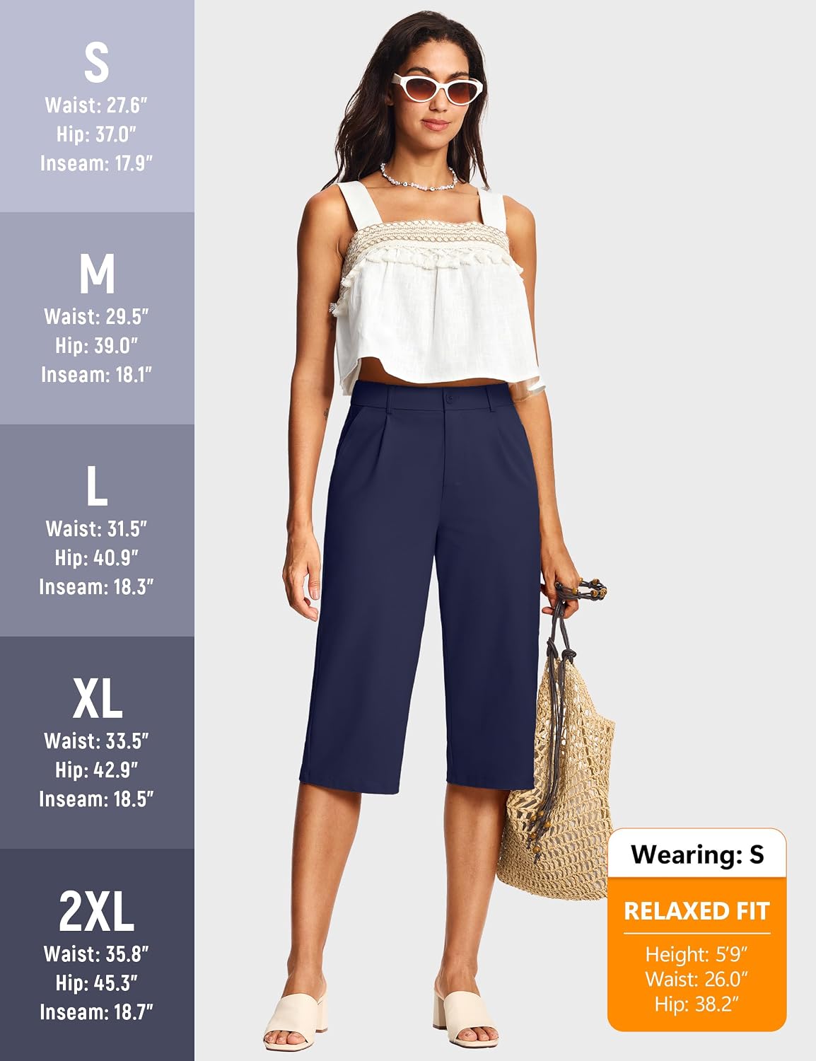 ISEEGZ 18" Capri Pants for Women Wide Leg Stretchy Casual Capris Pleated Dress Pants with Pockets Business Lounge Work