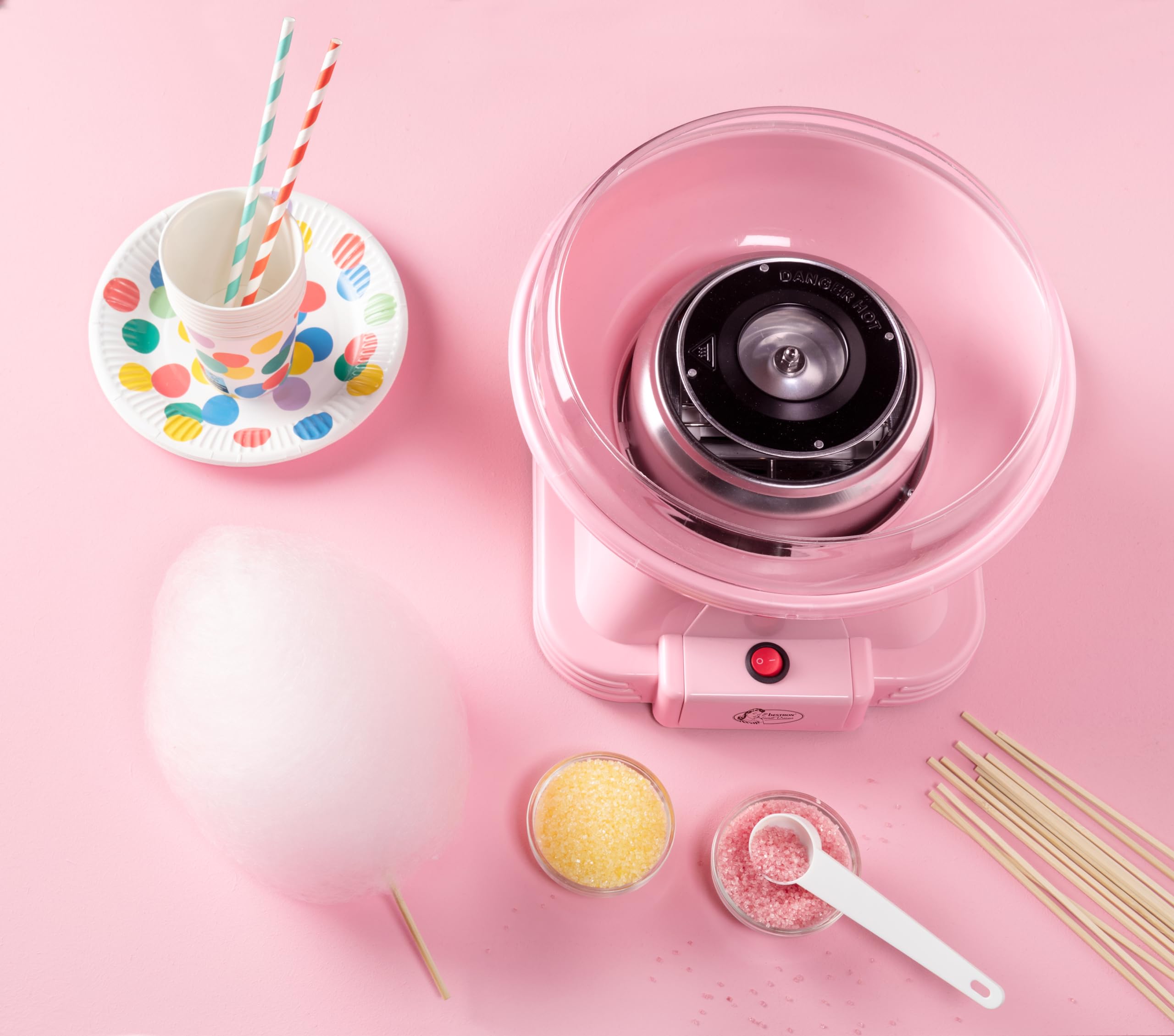 Bestron Máquina de Algodón de Azúcar, Retro Cotton Candy Maker para el hogar, con 10 palitos y cuchara medidora, ideal para fiestas infantiles y diversión en casa, Sweet Dreams Collection,Color: Rosa