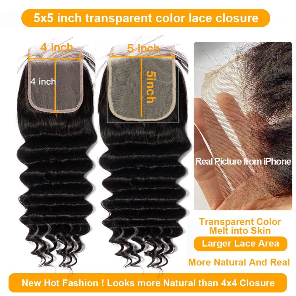 QTHAIR 18A Deep Wave HD Lace Closure 16" 5x5 Swiss Lace Closure Deep Wave Human Hair Pre-Plucked with Baby Hair Curly Closure