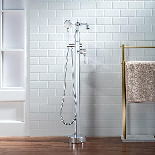 Miniatura 1 de WOODBRIDGE Grifo de llenado de bañera independiente contemporáneo de una sola manija con ducha de mano en acabado cromado