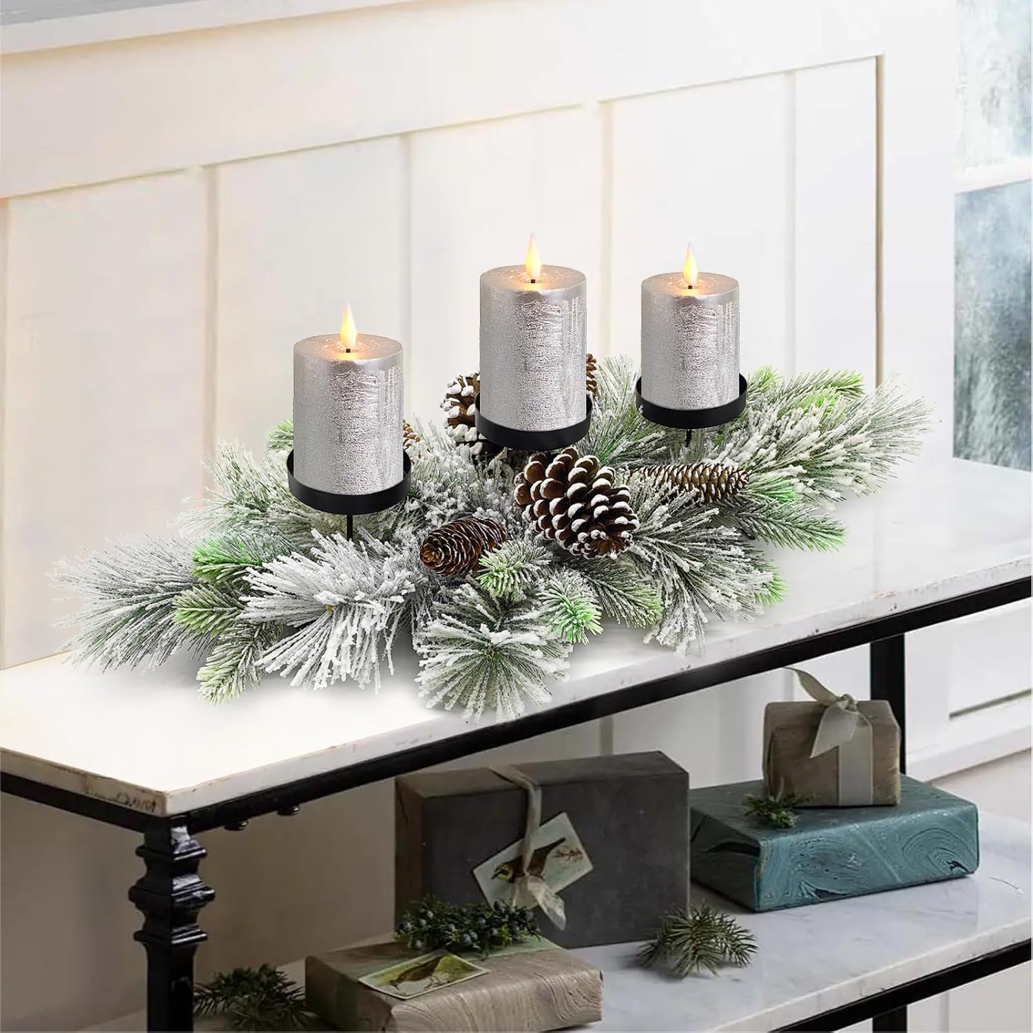Christmas Table Centerpieces Decorations, 27.5 Inch Designed with Flocked Pine Needles, Frosted Pine Cones for Dining Table Mantel (Snowy)