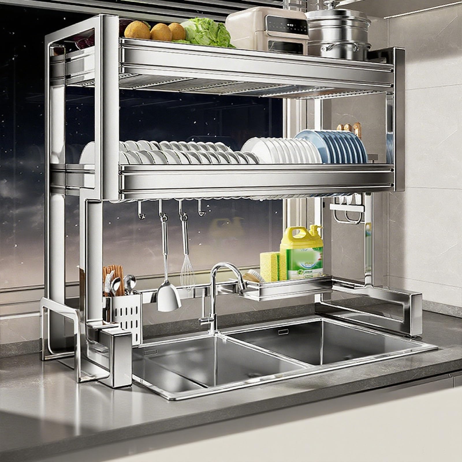 Escurreplatos de doble capa para fregadero de cocina de 67 a 97 cm, ajustable, acero inoxidable 304 con ganchos, juego completo para un secado y nización eficientes