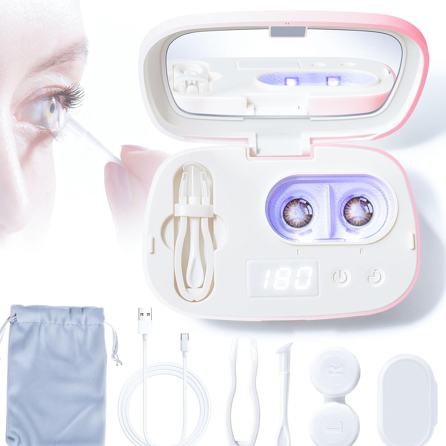 Portable Contact Lens Cleaner, ALLGLAM Automatic Ultrasonic Contact Lens Cleaner Machine with USB Charger, LED Timer Display for Soft Lenses, Colored Contact Lenses Cleaning (White)