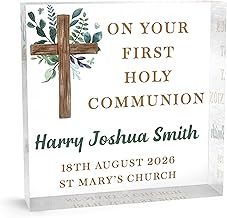 Beecreative Personalised Holy Communion Gifts for Boys and Girls - First Holy Communion Gifts for Godson and Goddaughter - Custom Clear Block Communion Gift Keepsake with Grey Gift Bag