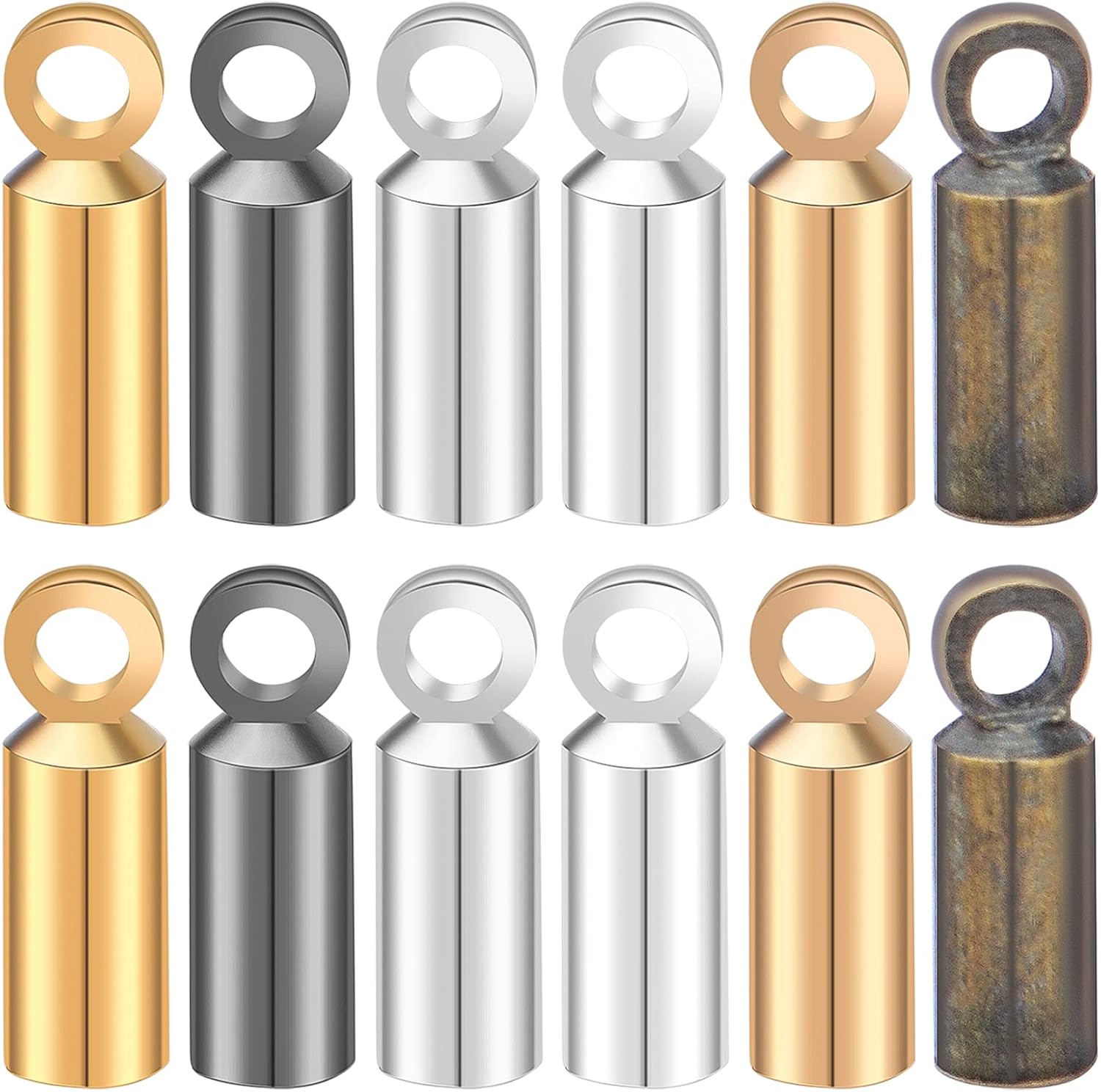 240pcs 6 Colors Cord End Bead Caps Brass Crimp End Caps Barrel Glue-in End Caps Clasps Terminators Findings for DIY Leather Necklace Bracelet Art Craft Jewelry Making