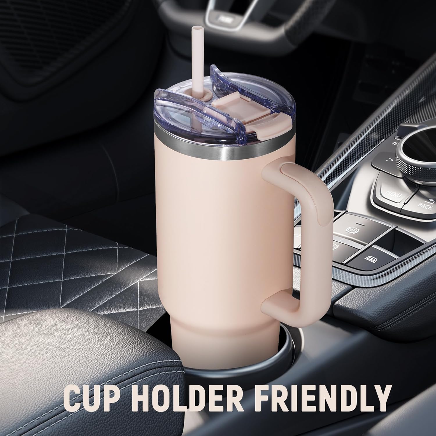 40 oz Tumbler with Handle and Straw Lid,Insulated Reusable Stainless Steel Water Bottle Travel Mug,Cupholder Friendly Double Wall Vacuum Sealed Cup (Rose Quartz) - Image 5