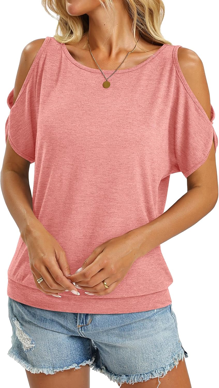 Womens Cold Shoulder Tops Banded Bottom Boat Neck T Shirts Summer Sexy Casual Loose Fit Clothes 2026 - Image 5