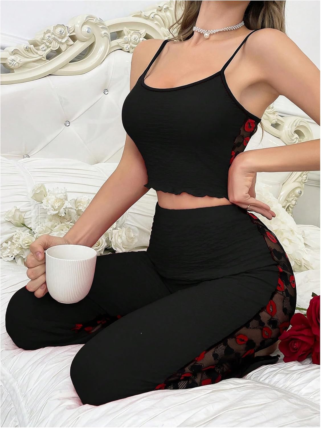 SHENHE Women's Sexy Pajama Set Lace Cami and Long Pants Sheer Pjs Lip Heart Print Sleepwear - Image 5