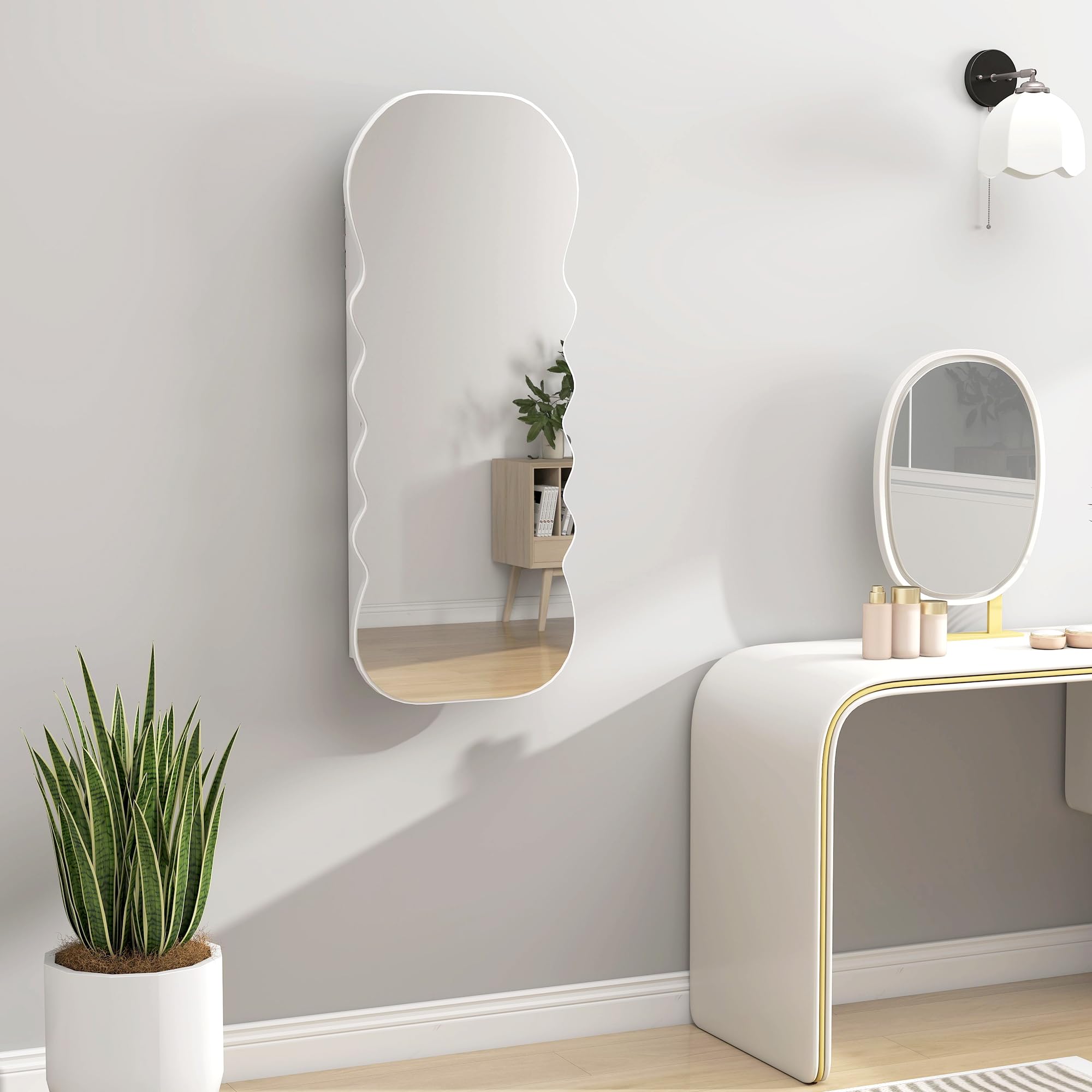 HOMCOM Espejo Joyero con Luz LED 3 Colores, Armario para Joyas Montado en Pared, Espejo Entero, Blanco