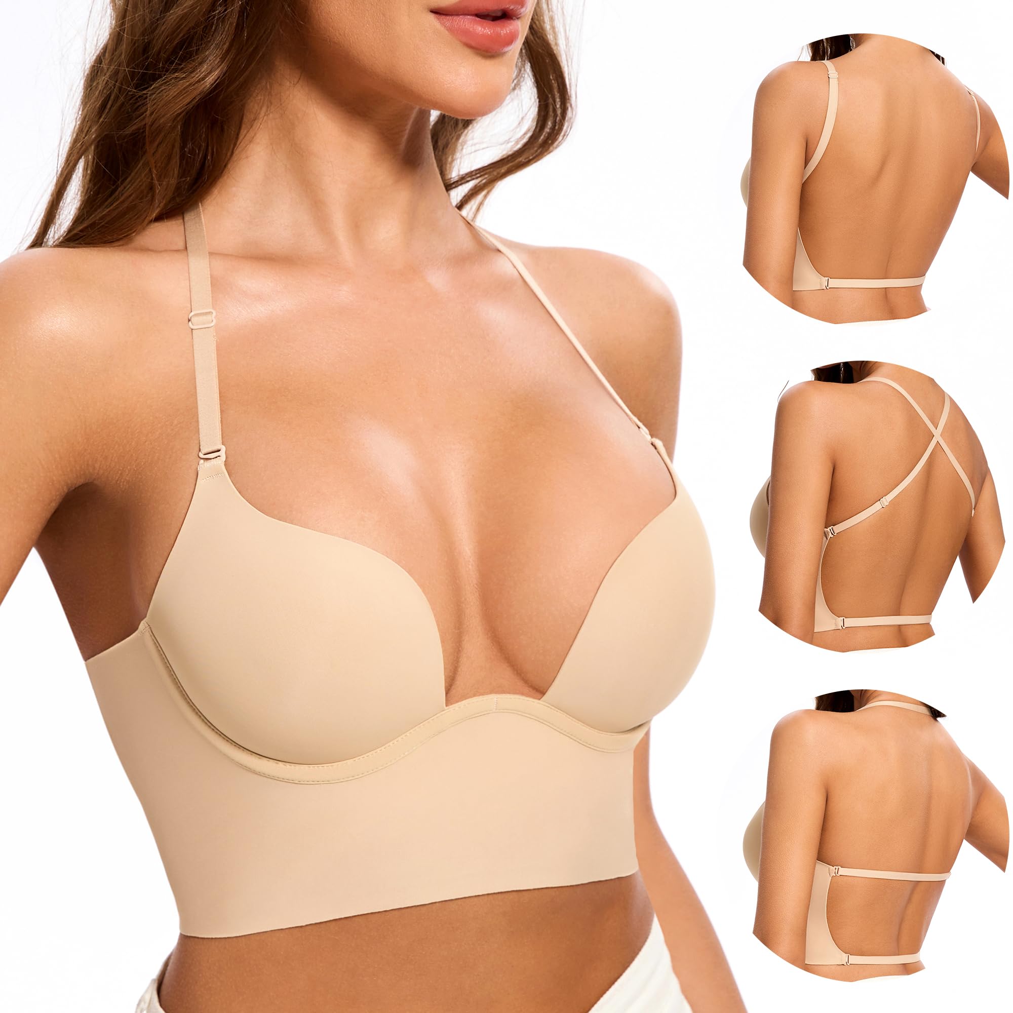 Soutien Gorge Dos Nu -Soutien Gorge Dos Transparent-Soutien Gorge Invisible Multiples et Convertibles Coutures à Léger Rembourrage