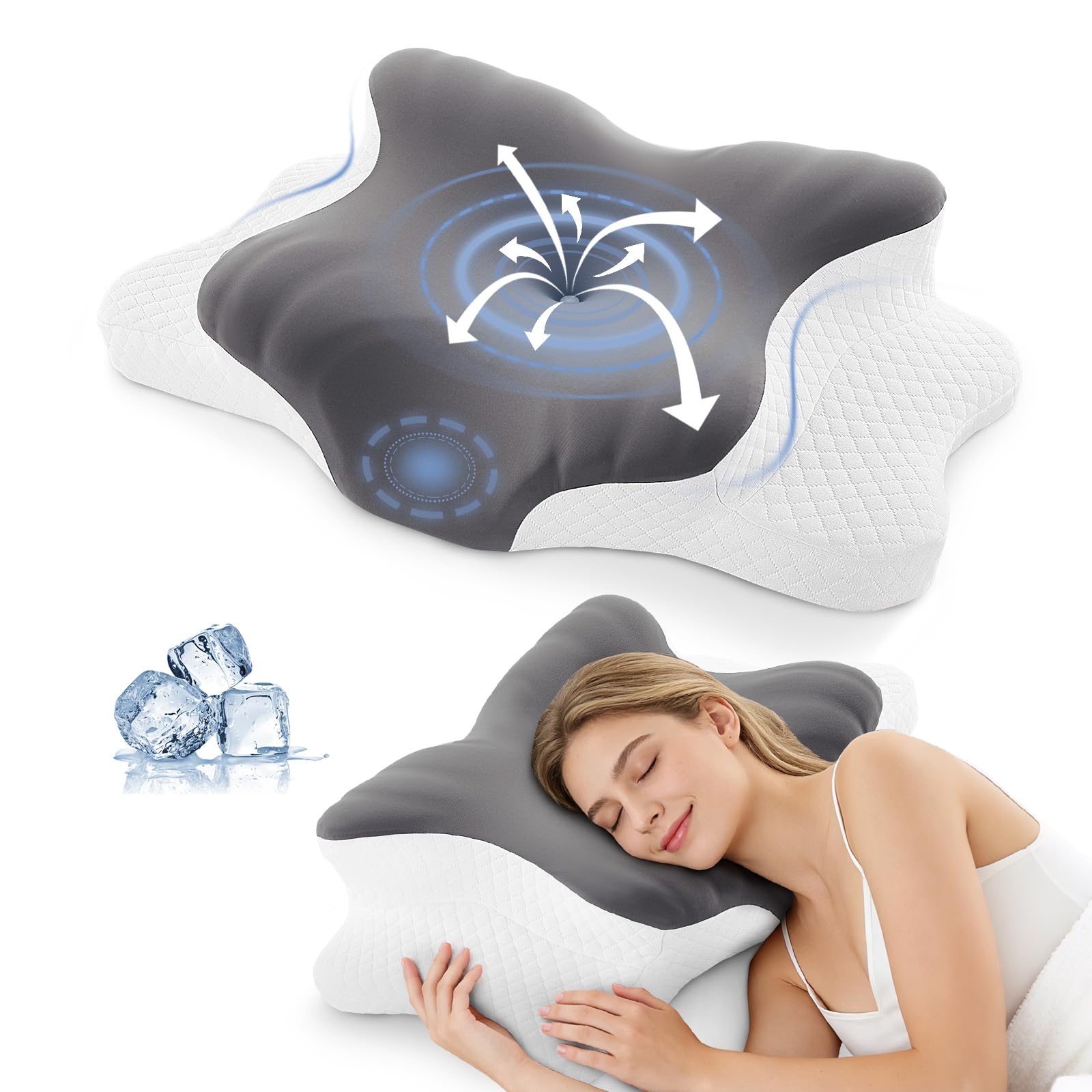 BRO Upgrade Ergonomisches Orthopädisches Kissen aus Memory Foam – Nackenstützkissen mit Atmungsaktivem, Abnehmbarem Kissenbezug für Seiten-, Rücken- und Bauchschläfer, Grau