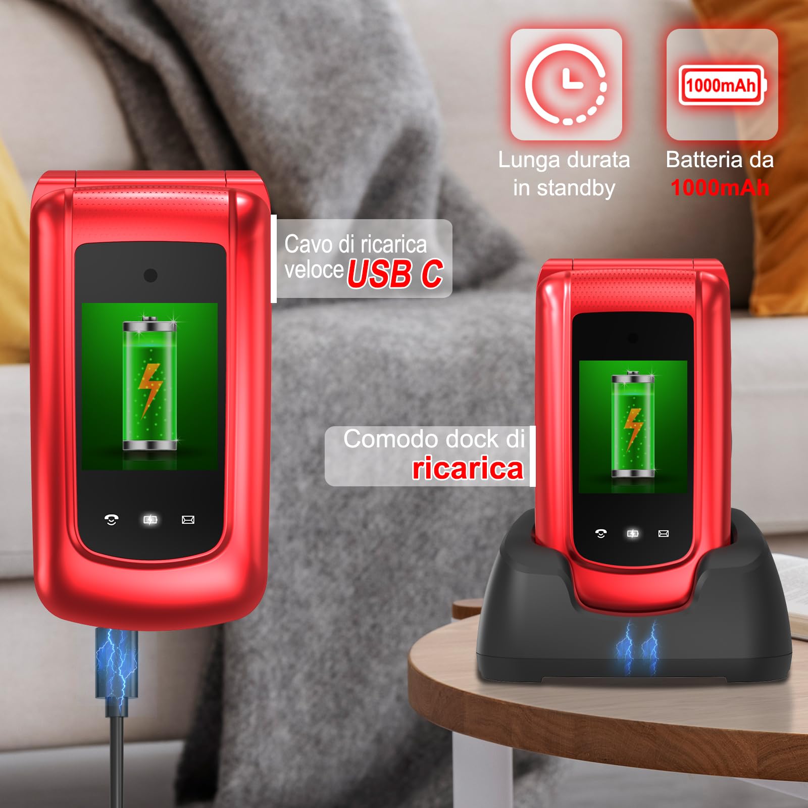 CHAKEYAKE 4G Telefono Cellulare per Anziani,Dual SIM, Flip Telefoni Cellulari con Tasti Grandi, Funzione SOS, Volume alto, 2.4"+1.77" Doppio Display, Torcia, Base (Rosso)