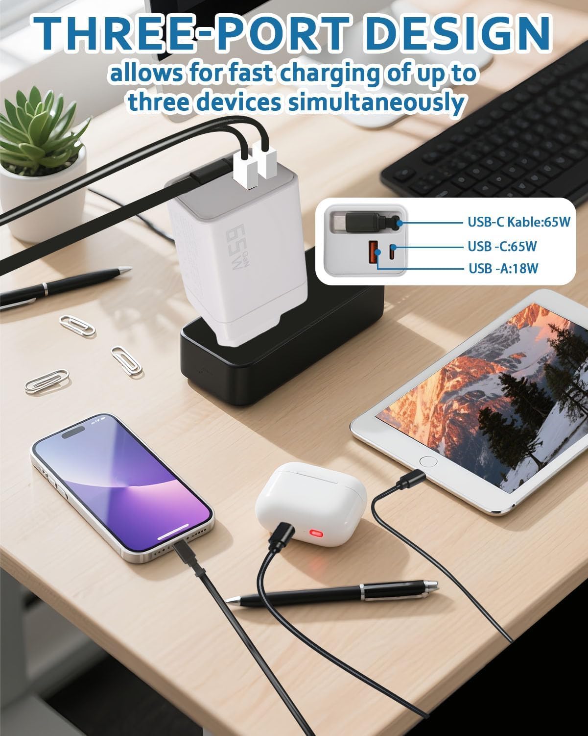 Caricatore USB-C GaN 65W 3 in 1 con Cavo Retrattile USB C GaN a 3 Porte con Cavo di Ricarica Retrattile da 70cm per iPhone 16/15/14 Pro Max, Galaxy S25 Ultra, iPad, Huawei Pura 70