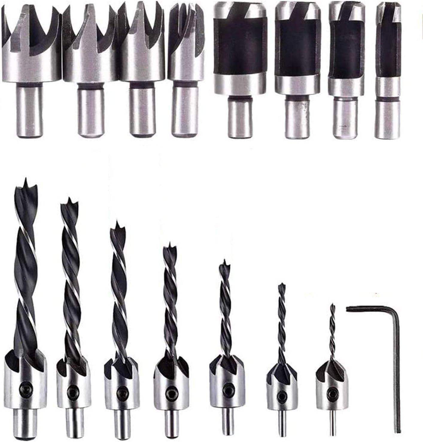 15pcs Countersink Drill Bit Set for Wood Door Window Cabine Include 8pcs Wood Plug Cutter Tool Drill Bits,7pcs Three Pointed Drill Bit