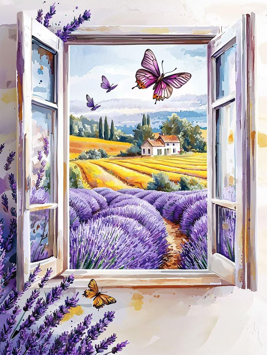Schmetterling mit Lavendel Malen Nach Zahlen Erwachsene, 80x100cm c-387 | Malen nach Zahlen Erwachsene Leinwand Kit, DIY Handgemalt Ölgemälde Set mit 3-Pinseln und Acrylfarbe für Wanddeko,Ohne Rahmen
