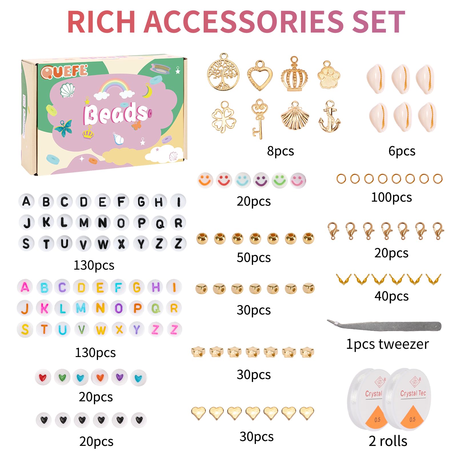 QUEFE Lot de 36 000 perles de rocaille en verre de 120 couleurs pour la fabrication de bijoux, petites perles de 3 mm avec accessoires, breloques et pendentifs pour la fabrication de bracelets,