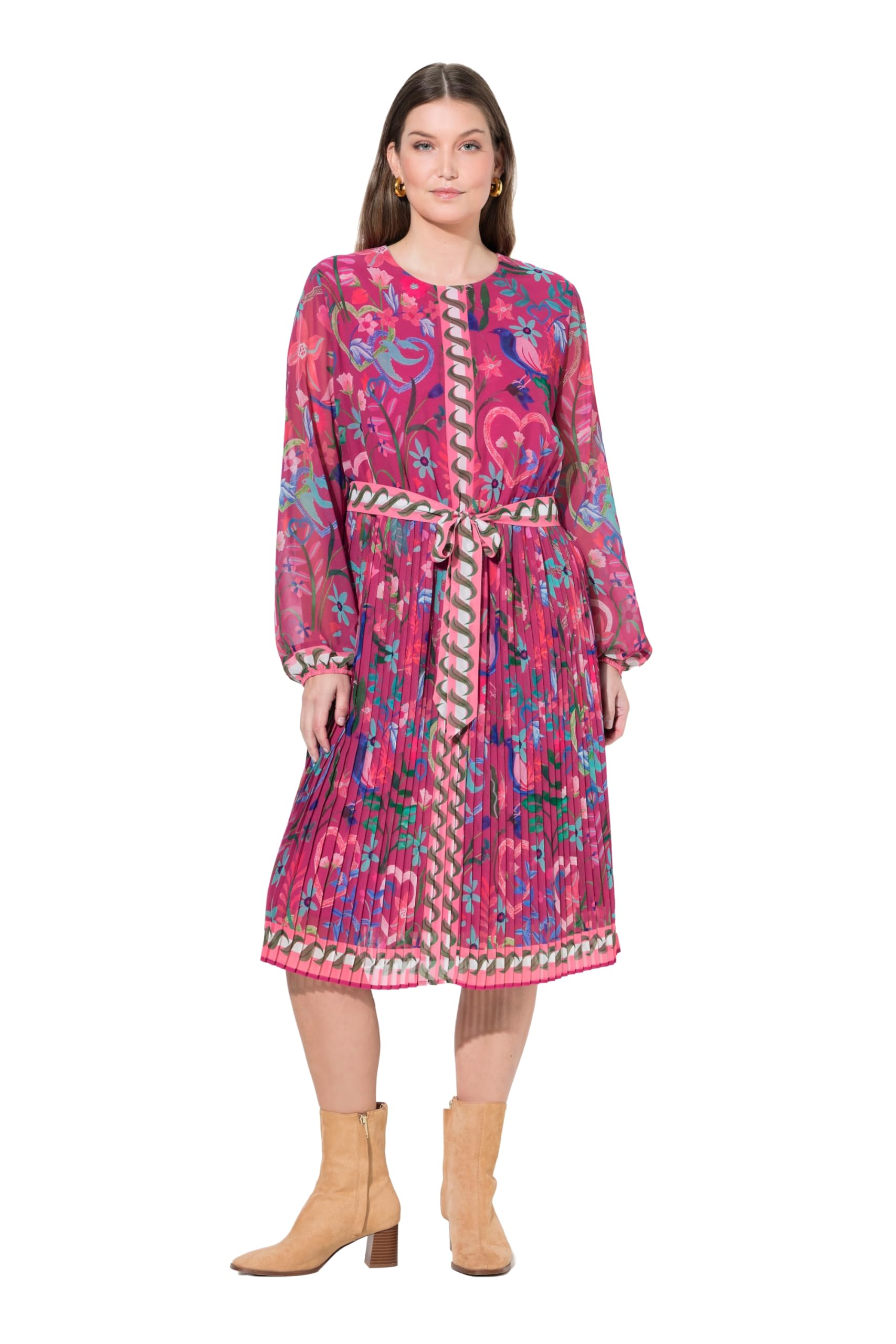 Ulla Popken Damen große Größen Übergrößen Plus Size Midikleid, plissierter Rock, A-Linie, Rundhals, Langarm 845649