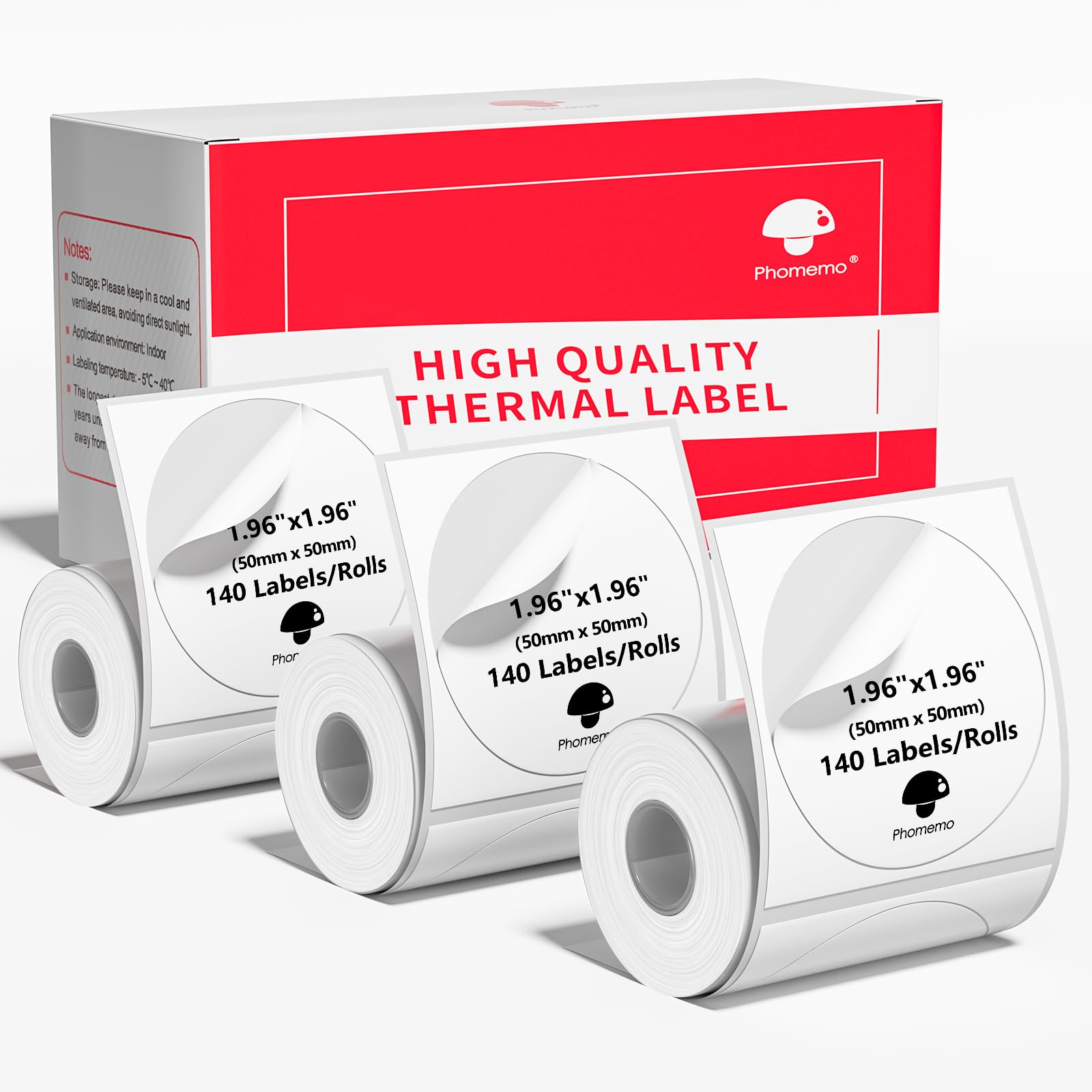 Phomemo [3x140 pcs] Thermal Sticker Label Paper, Multi-Purpose Self-Adhesive Tag for M110, M220, M120, M200, M221 Label Maker Machine, Original Labels (50x50mm), Black on White
