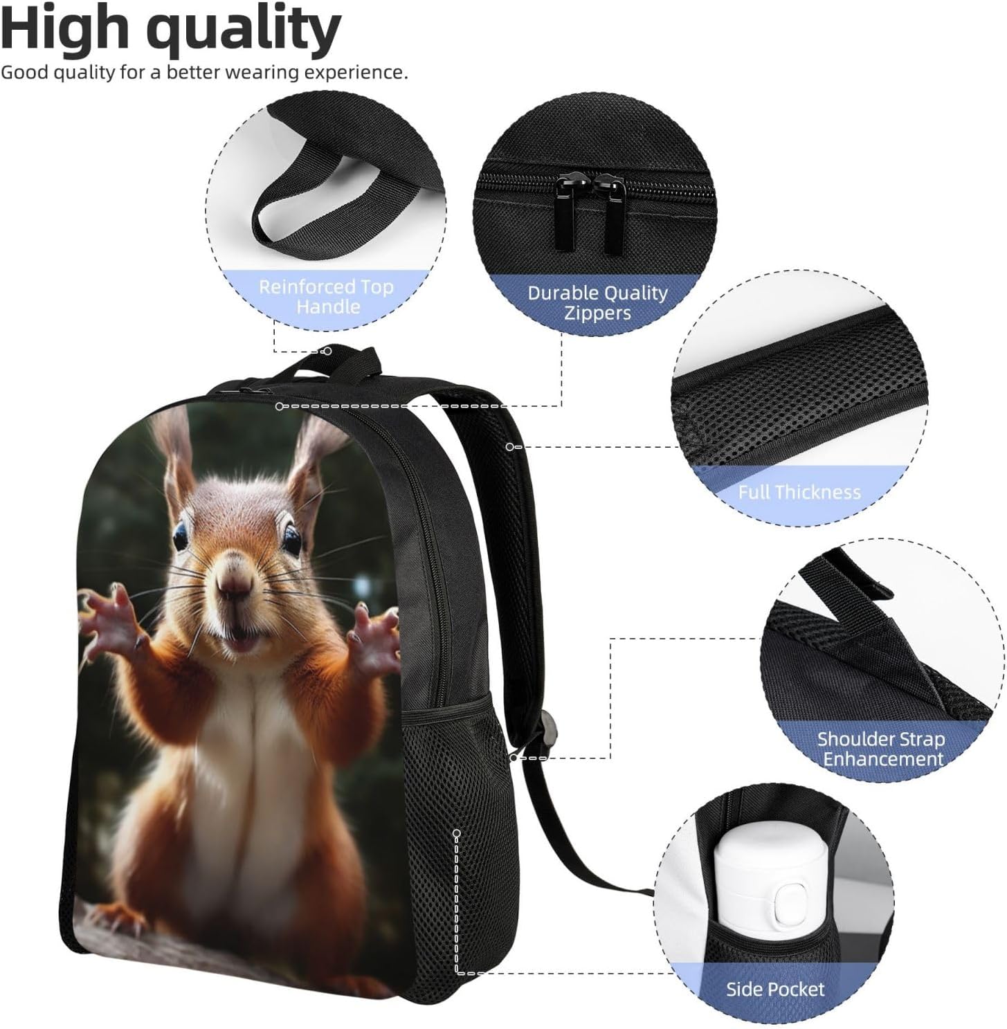 OUSIKA Squirrel Funny Animal Backpack Casual Travel Daypacks Lightweight Laptop Bags Camping Bag For Women Men, Black image 5