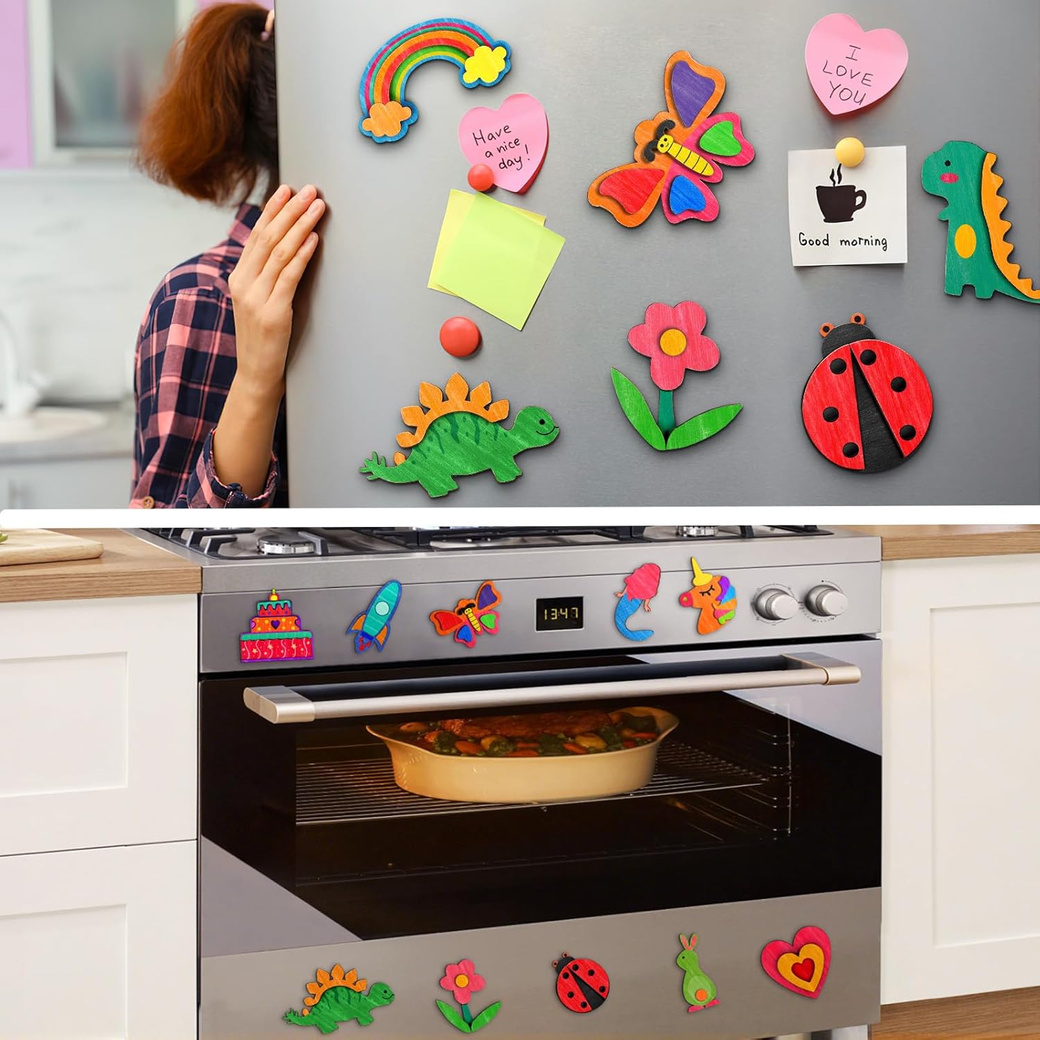 BLISSIQUEE 12PCS DIY Wooden Magnets Large 6-8CM Wooden Art and Crafts Supplies Birthday Gifts Crafts, Magnet Making Kit for Christmas Party Favors Basket Gift Stuffers