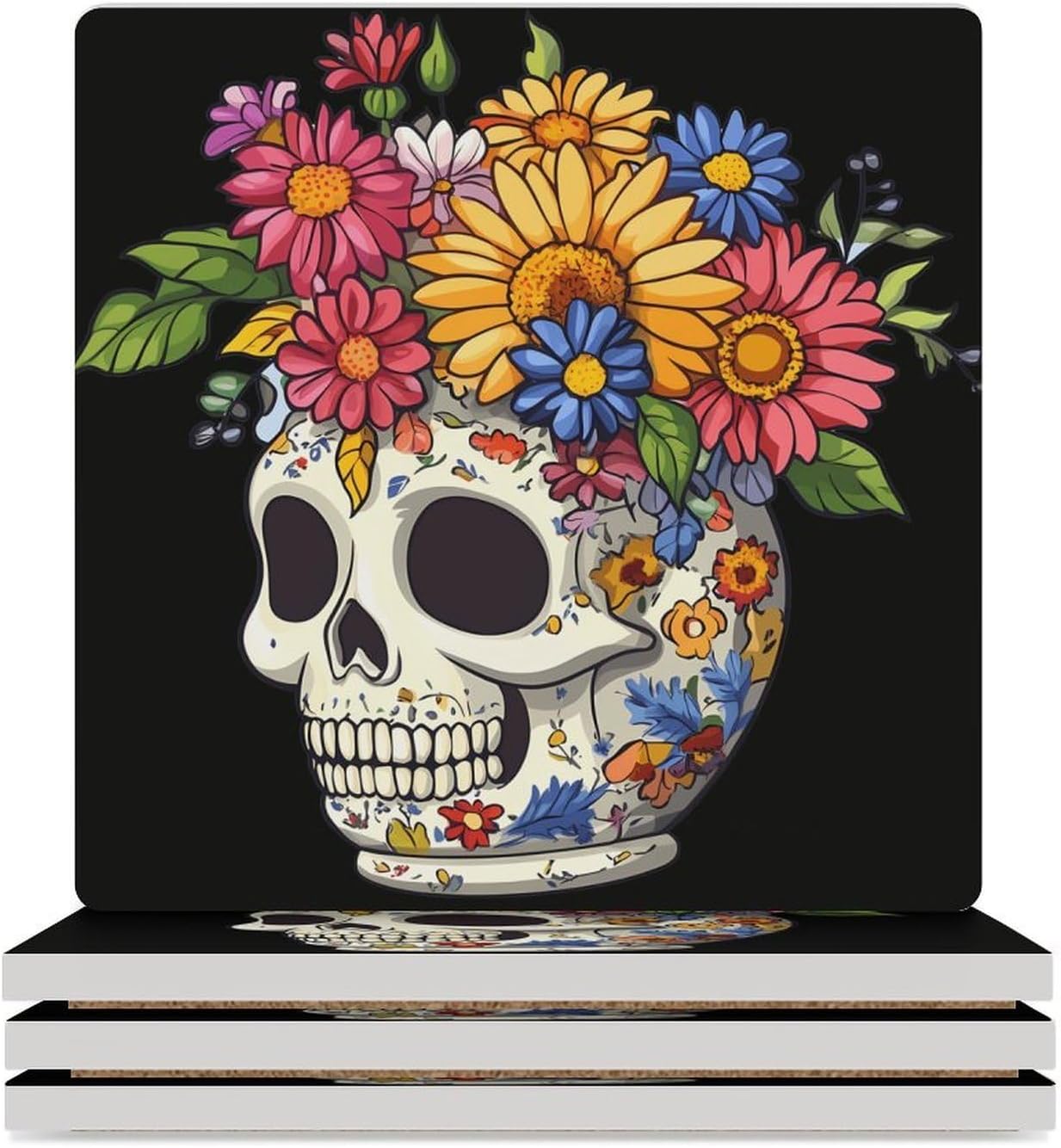 Flower Skull Ceramic Coasters Set Square Drink Coasters Table Coaster for Kitchen Desktop Decor
