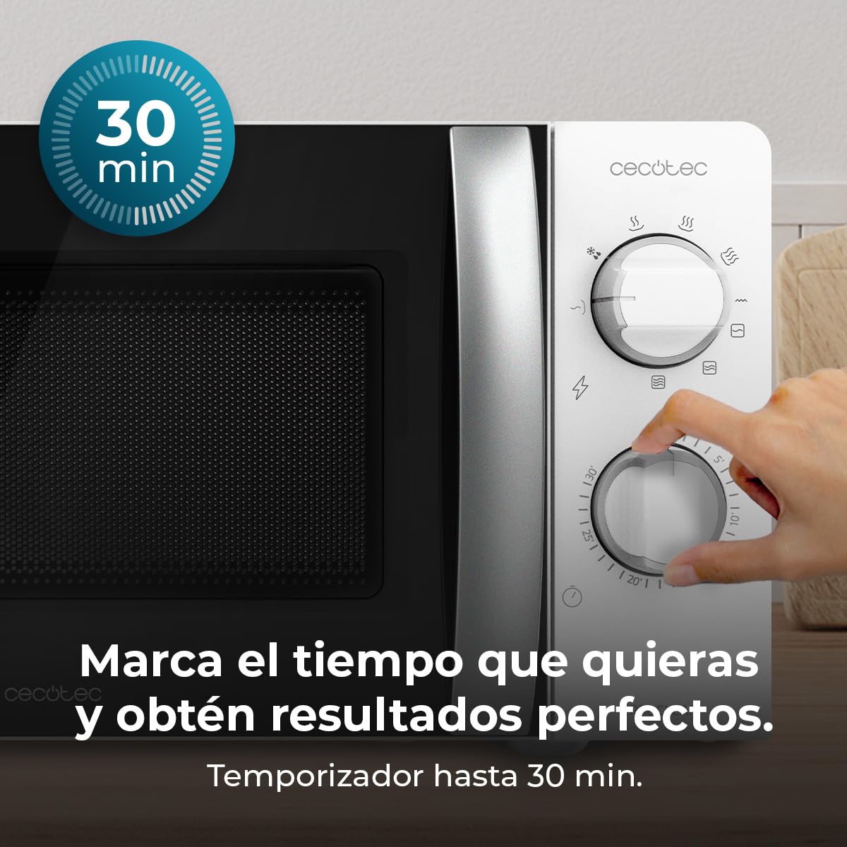 Cecotec Microondas Mecánico 20L GrandHeat 2110. 700W, Grill, 3DWave, Descongelación, 6 Niveles de Potencia, Temporizador 30m, Mandos Mecánicos, Compacto, Avisador Fin Cocción, Uso Fácil
