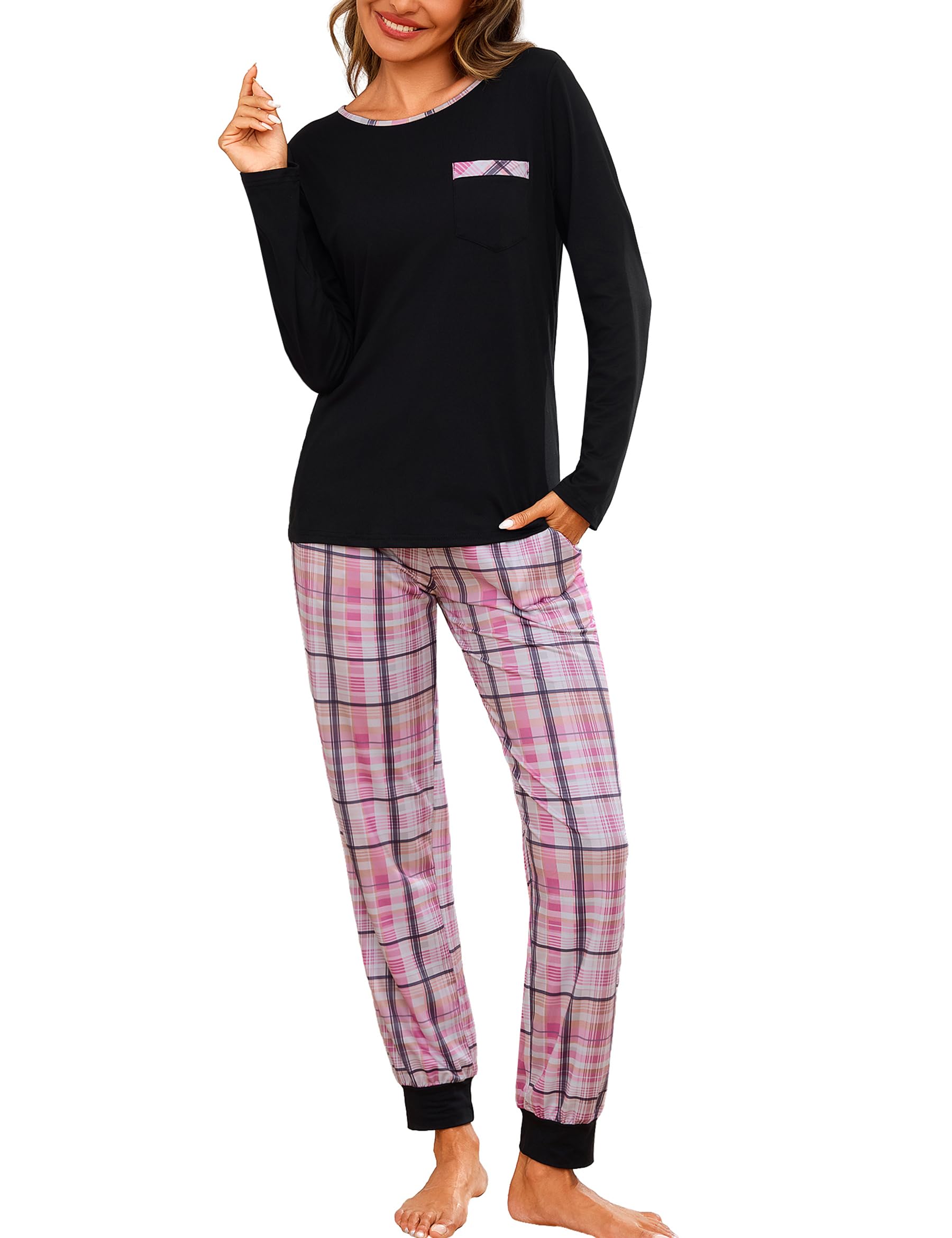 Ekouaer Pyjama Dames Pyjama Set Winter Nachtkleding Lange Mouw Tweedelige Lang Huiskleding V-hals Loungewear, Koffie S