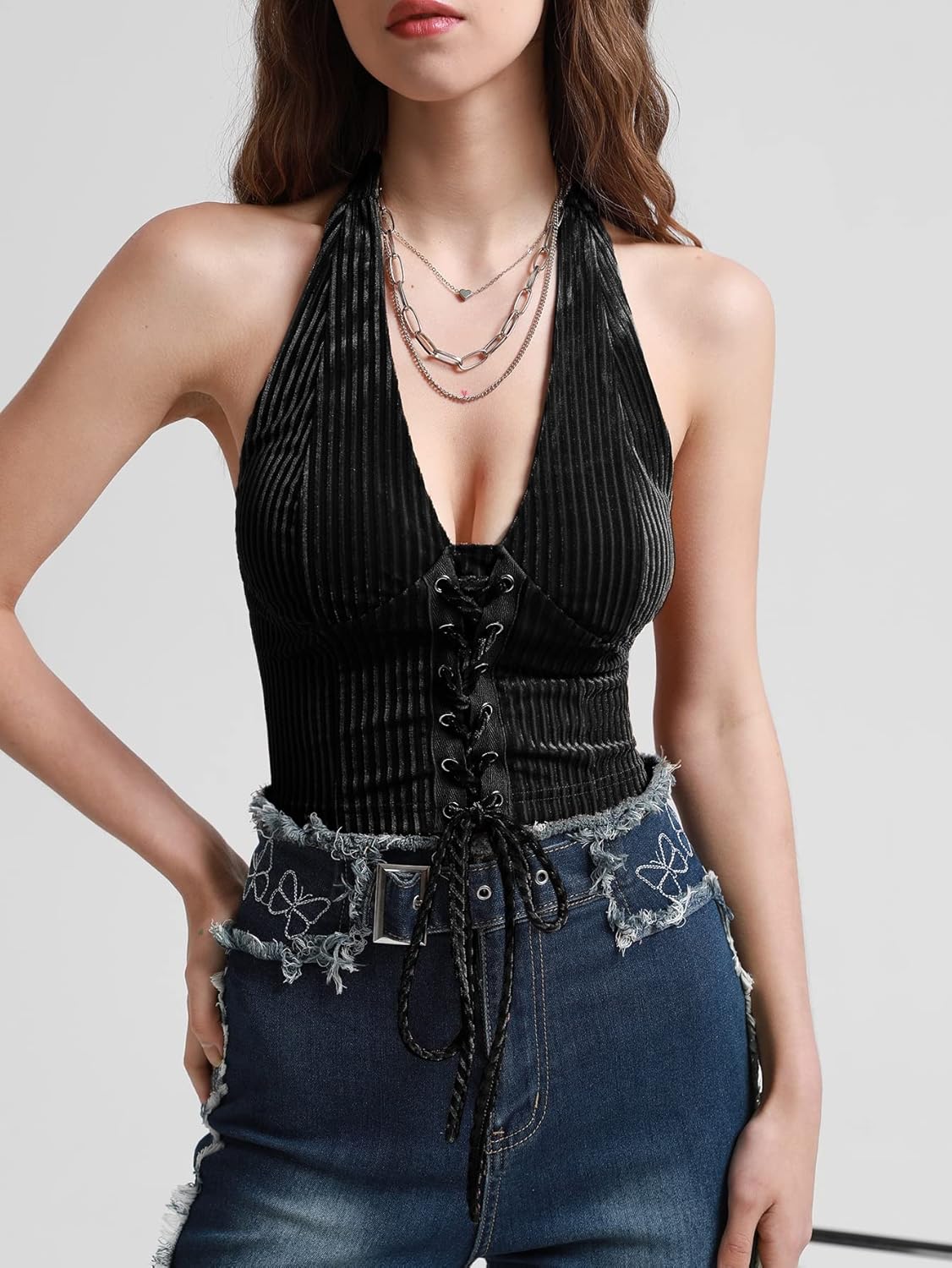 Verdusa Women's 2026 Going Out Halter Corset Tops Sleeveless Lace Up Open Back Crop Top - Image 2
