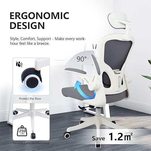 Miniatura 6 de Silla de oficina ergonómica, sillas de escritorio de oficina en casa con soporte lumbar, reposacabezas 3D y brazos abatibles, silla trasera de malla